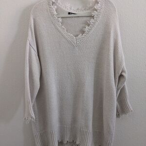 Bershka Cream V-Neck Sweater with Relaxed Fit